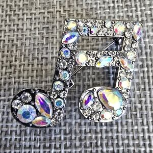 Silver Iridescent Rhinestone Crystal Music Beam Note Brooch Pin Lapel Scarf